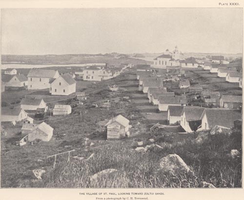 Photo of St. Paul Village, looking toward Zoltoi Sands from 1896, a historic picture of a collection of light colored buildings.